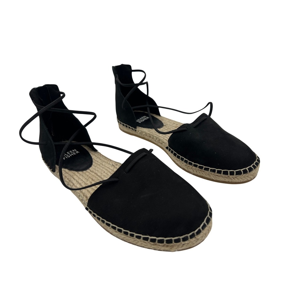 Eileen Fisher Black Suede Leather Lace Espadrille Sandals SZ 7.5 Summer Vacation